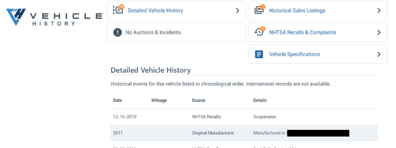Historia del Vehículo informe gratuito VIN historia detallada del vehículo, listados históricos de ventas, NHTSA retiros y quejas, las especificaciones del vehículo y más.