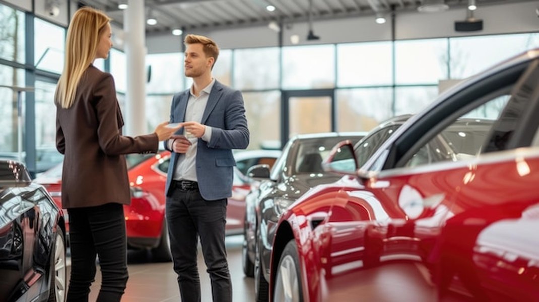 Vendedor mostrando un coche eléctrico en una sala de exhibición de automóviles