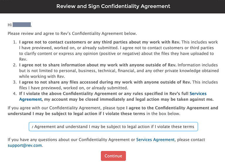 confidentiality agreement to work for rev.com