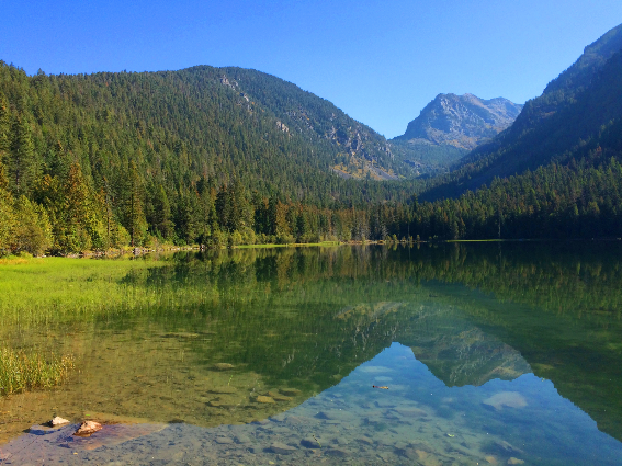 Agua ultra clara, ribera llena de pinos y una montaña alta reflejada en Flathead Lake en Montana, uno de los mejores lagos de los Estados Unidos.