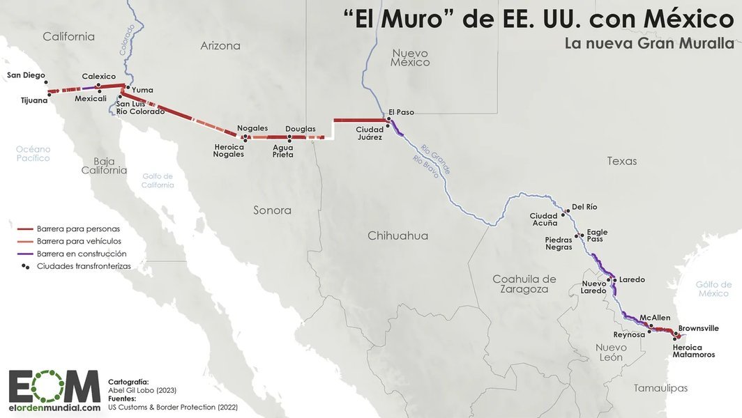 Mapa de la frontera entre México y Estados Unidos mostrando el muro.